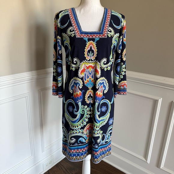 Laundry By Shelli Segal Blue and Red Dress with 3/4 Sleeve Size 4 - Picture 1 of 8